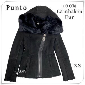Punto Leather & Fur Lambskin Fur Hooded Shearling Jacket Coat in Black Size XS